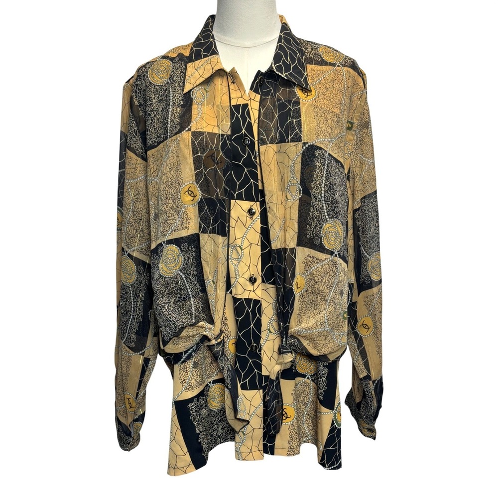 Silk Button Up top Equestrian 80s 90s Artsy Black Chain Print Vintage Sz XL
